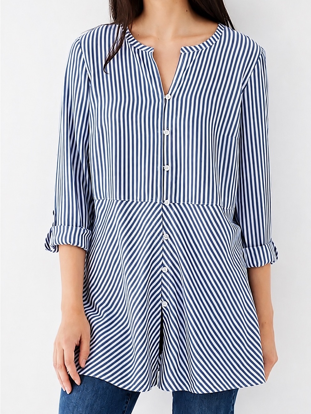J. JILL Women's M Striped Button Peplum Tunic Top Dutch Blue